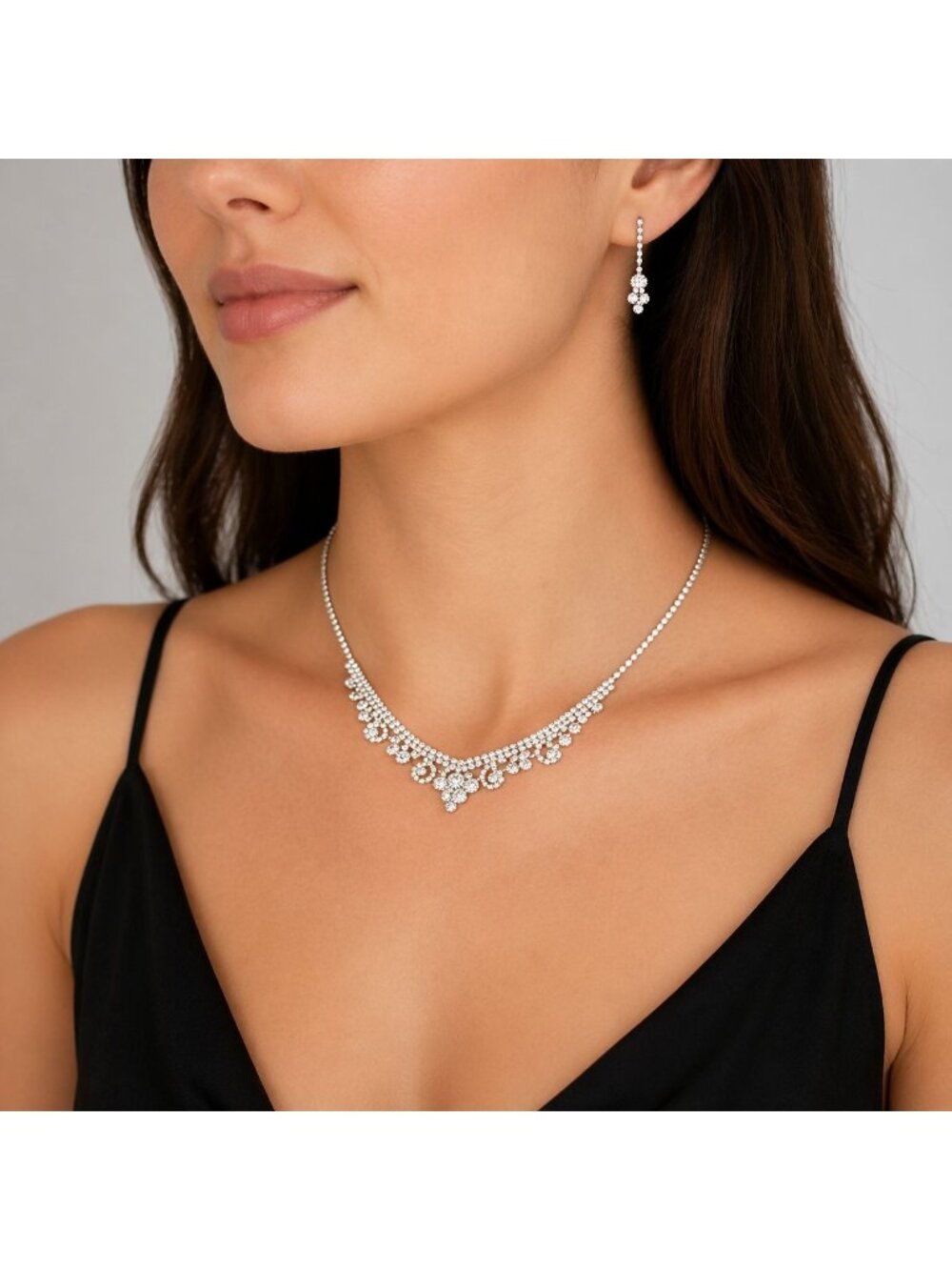 Vintage Swarovski Crystal Bridal Necklace Dangle Earrings Set‎ Wedding Jewelry